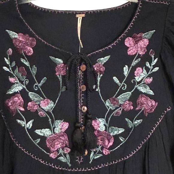 Free People Rosa Linda Embroidered Mini Dress Babydoll Black Combo NEW Medium - Picture 3 of 8
